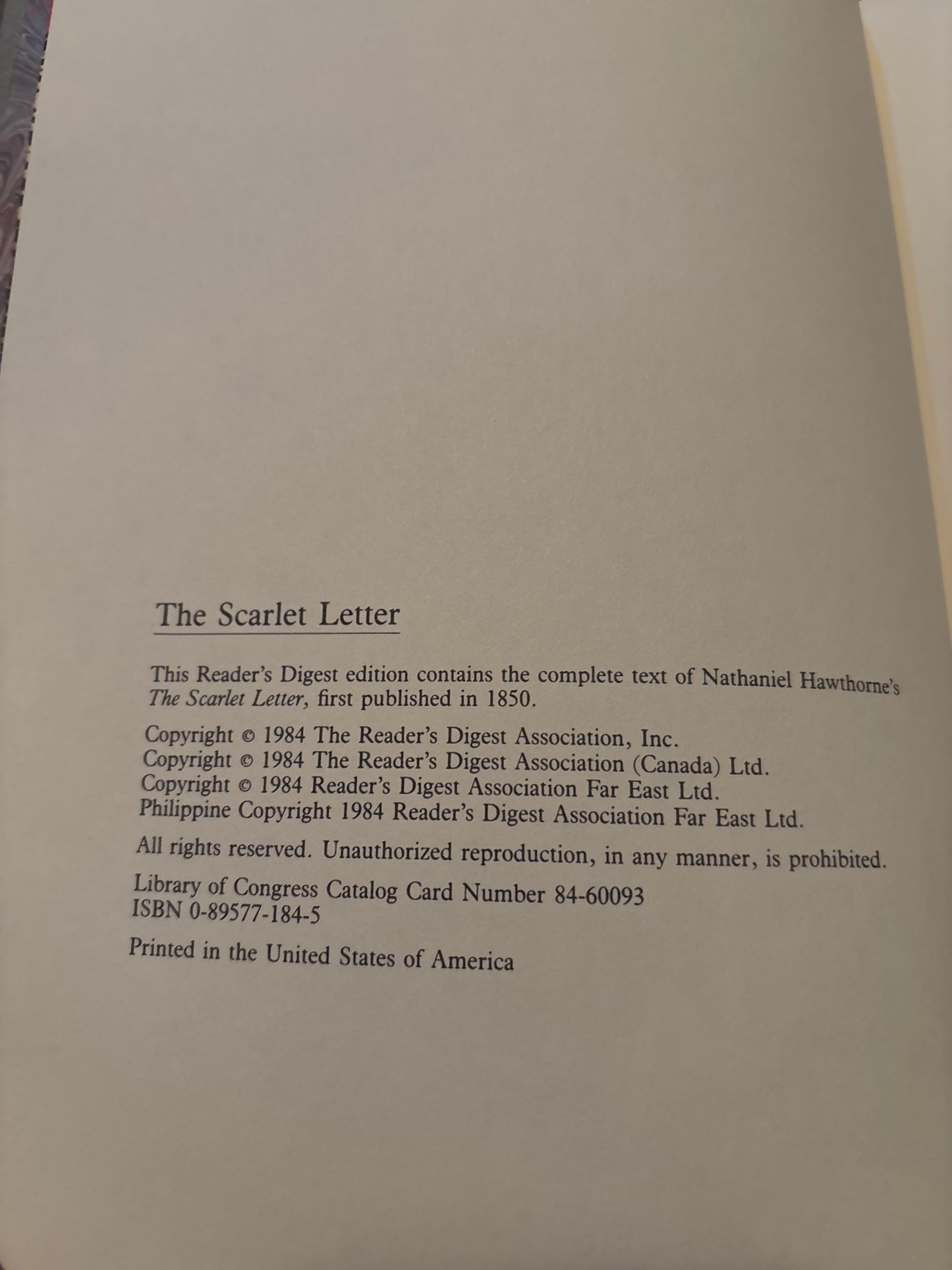 The Scarlet Letter by Nathaniel Hawthorne (Reader's Digest Edition)